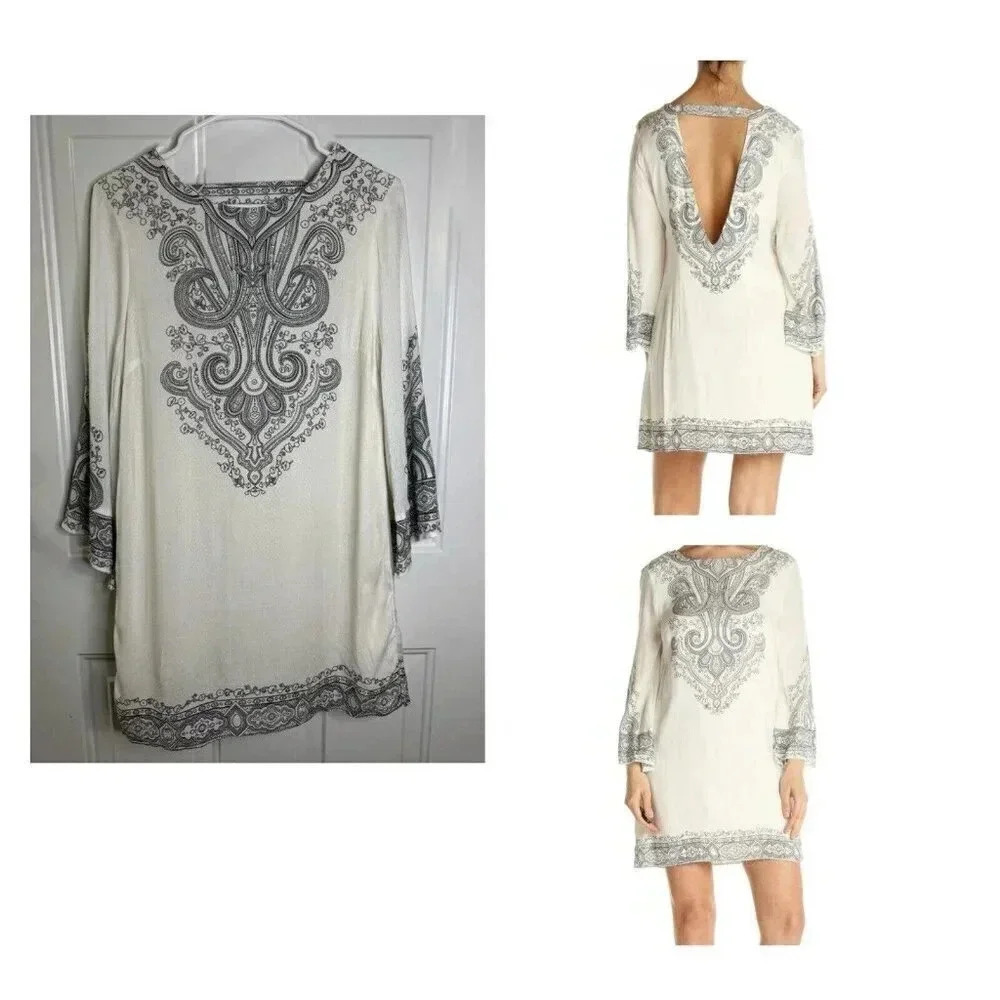 URBAN OUTFITTERS ECOTE White Geometric Bell Sleeve Tunic Beach Cover Dress Small